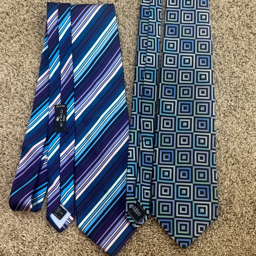 Etro Blue, Teal and Purple Patterned Silk Tie Set